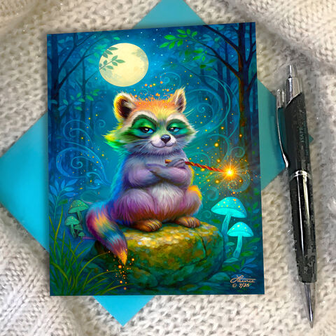 Rainbow,Raccoon,Art,Greeting,Card,,Whimsical,Animal,Notecard,,Fantasy,Artwork,rainbow raccoon greeting card, rainbow glam artwork, dumpster diva, Funky Forest artwork, LGBTQ illustrated notecard, colorful raccoon illustration, playful mystical bandit, Primal Painter greeting card, psychedelic animal art, magical forest creatures, w