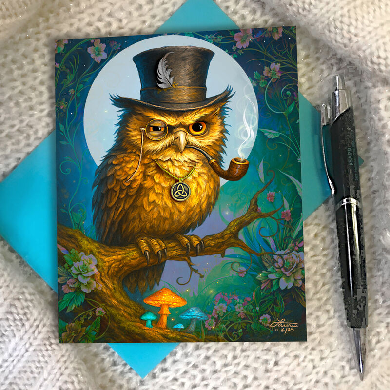 Judgmental Owl Art Greeting Card, Forest Fantasy Artwork Notecard - product images  of 