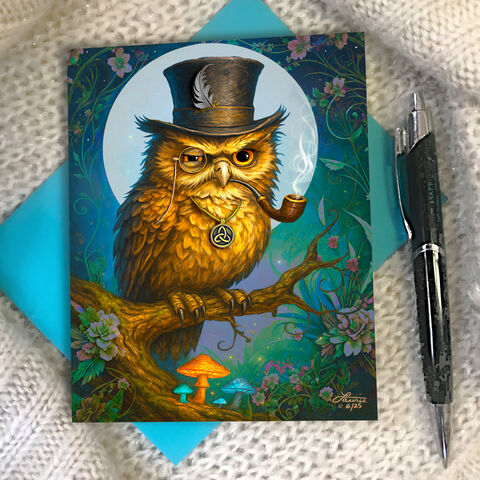 Judgmental,Owl,Art,Greeting,Card,,Forest,Fantasy,Artwork,Notecard,judgmental owl greeting card, fantasy artwork, druid von hootenstein, Funky Forest artwork, grumpy owl illustrated notecard, colorful owl illustration, insulting mystical druid owl, Primal Painter greeting card, psychedelic animal art, magical forest crea