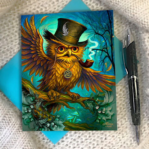 Owl,with,Tophat,Art,Greeting,Card,,Meditation,Animal,Artwork,Notecard,judgmental owl greeting card, fantasy artwork, druid von hootenstein, Funky Forest artwork, grumpy owl illustrated notecard, colorful owl illustration, insulting mystical druid owl, Primal Painter greeting card, psychedelic animal art, magical forest crea