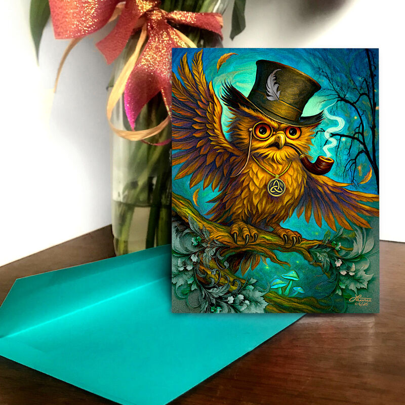 Owl with Tophat Art Greeting Card, Meditation Animal Artwork Notecard - product images  of 