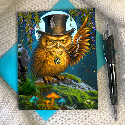 Whimsical,Owl,Art,Greeting,Card,,Chakra,Decree,Notecard,judgmental owl greeting card, fantasy artwork, druid von hootenstein, Funky Forest artwork, grumpy owl illustrated notecard, colorful owl illustration, insulting mystical druid owl, Primal Painter greeting card, psychedelic animal art, magical forest crea