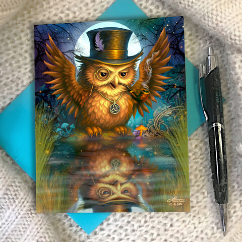 Arrogant,Owl,Art,Greeting,Card,,Affirmation,Advice,Notecard,judgmental owl greeting card, fantasy artwork, druid von hootenstein, Funky Forest artwork, grumpy owl illustrated notecard, colorful owl illustration, insulting mystical druid owl, Primal Painter greeting card, psychedelic animal art, magical forest crea