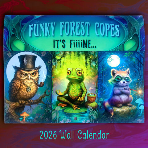 2026,Illustrated,Wall,Calendar,,Funny,Animal,Mystics,with,Quotes,2026 Wall Calendar, funny animals, forest creatures, art illustration calendar, collectible characters, storytelling calendar, wall planner, Primal Painter, Funky Forest Animal Mystics