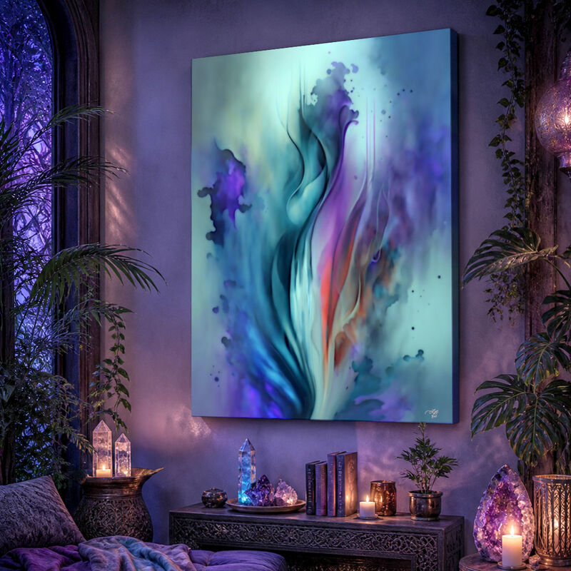 Blue Abstract Art Canvas Print with Flowers and Nature Vibes - "When Flowers Dream" - product images  of 