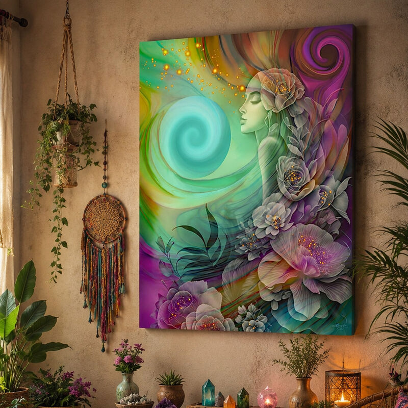 Rainbow Goddess Art Canvas Print with Flowers, Energy Flows, and Hippie Vibes - "Flower Child" - product images  of 