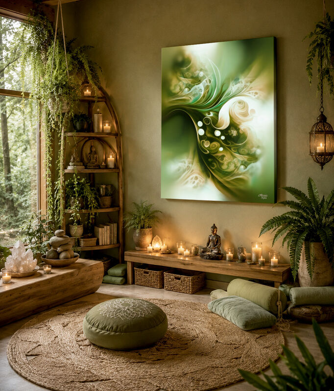 Abstract Green Art Canvas Print with Mossy Swirls, Flow, and Nature Elements - "Moss and Mist" - product images  of 