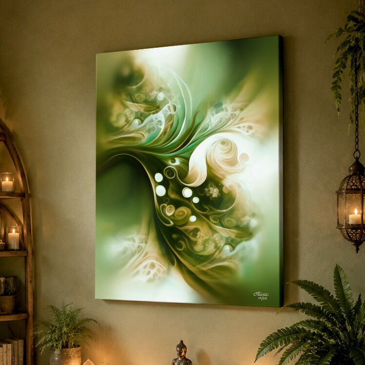 Abstract Green Art Canvas Print with Mossy Swirls, Flow, and Nature Elements - "Moss and Mist" - product images  of 