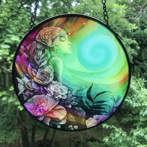 Pebbled,Glass,Suncatcher,,Rainbow,Goddess,Art,Window,Decoration-Flower,Child,suncatcher,hippie window art, glass artwork, fantasy art, home decor for windows, textured glass decoration, Connections by Primal Painter, fairy art