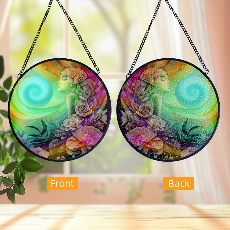 Pebbled Glass Suncatcher, Rainbow Goddess Art Window Decoration-Flower Child - product images  of 