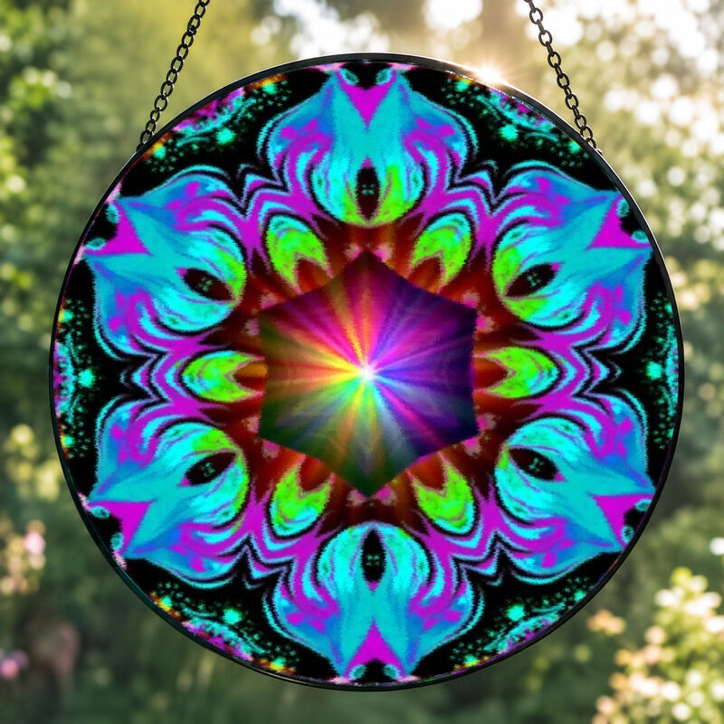 Pebbled Glass Suncatcher, Mandala Art Window Decor - Flowering Lotus - product images  of 