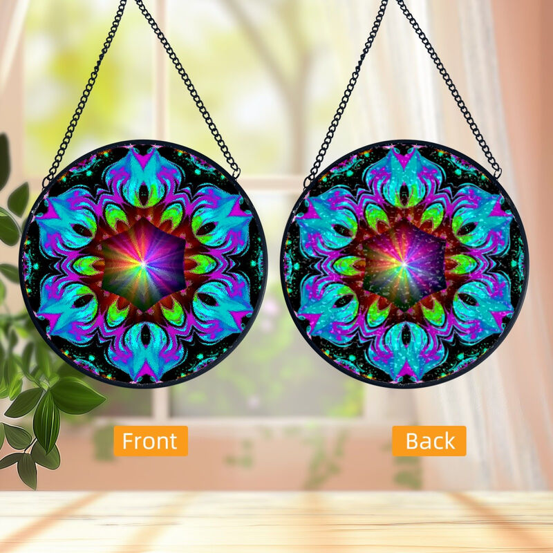 Pebbled Glass Suncatcher, Mandala Art Window Decor - Flowering Lotus - product images  of 