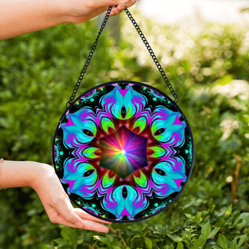 Pebbled Glass Suncatcher, Mandala Art Window Decor - Flowering Lotus - product images  of 