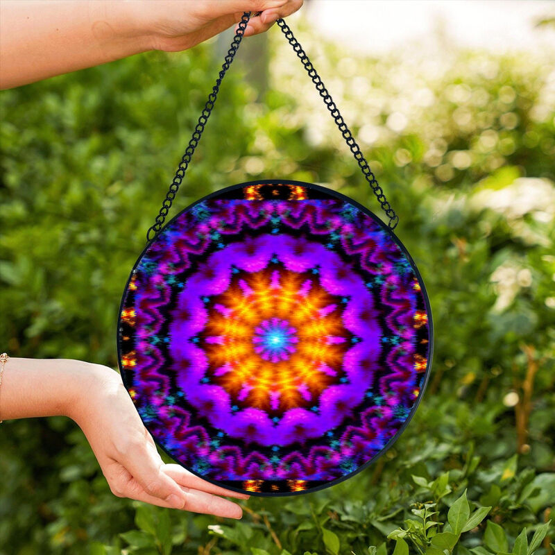 Pebbled Glass Suncatcher, Mandala Art Window Decor - Violet Flame - product images  of 