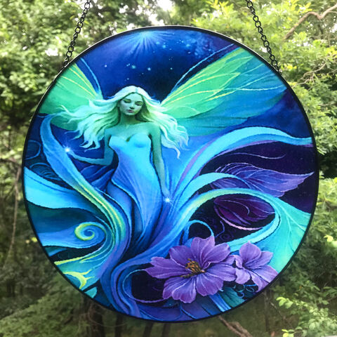 Pebbled,Glass,Suncatcher,,Fairy,Art,Window,Decor,-,Lunaria,Silvermist,suncatcher, fairy window art, glass artwork, fantasy art, home decor for windows, textured glass decoration, Connections by Primal Painter, fairy art