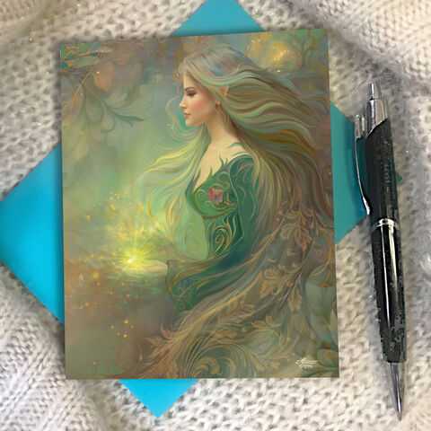 Woodland,Goddess,Collectible,Story,Card,,Elowen,Fantasy,Art,Notecard,celestial fantasy artwork, goddess art, greeting cards, art notecards, angel art cards, art cards with envelopes, Primal Painter, metaphysical art, birthday card, thank you note