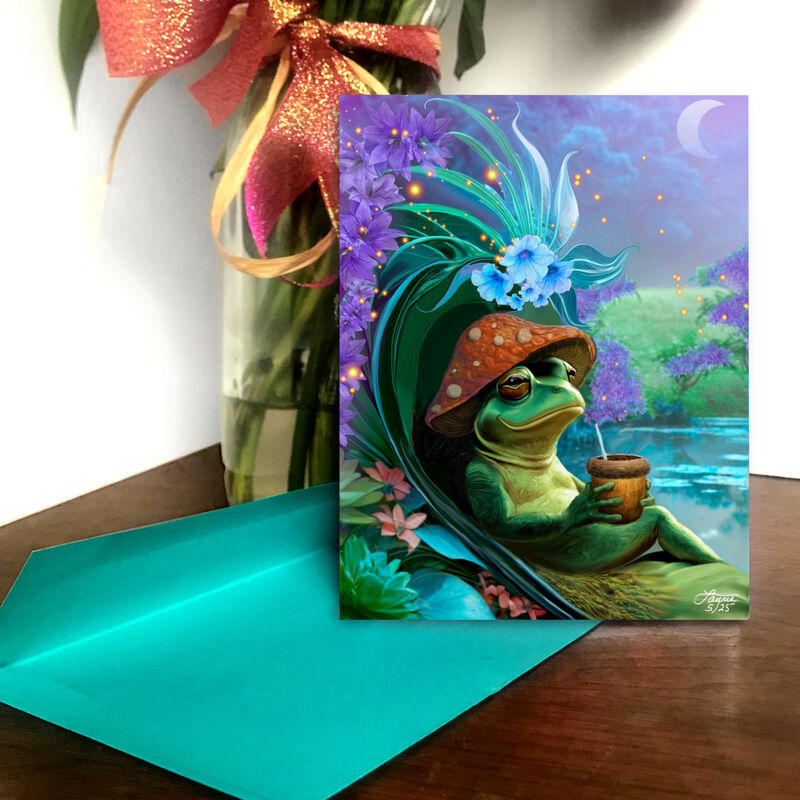 Happy Hour Frog Art Greeting Card, Humorous Forest Advice Notecard - product images  of 