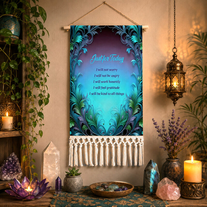 Reiki Principles Fringed Canvas Wall Hanging, Blue Purple Feathery Border Artwork - product images  of 