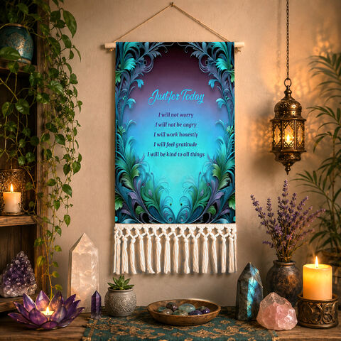 Reiki,Principles,Fringed,Canvas,Wall,Hanging,,Blue,Purple,Feathery,Border,Artwork,Reiki Principles, Inspirational wall hangings, boho canvas wall hangings, bohemian tasseled artwork, metaphysical art