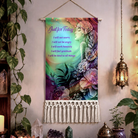 Reiki,Principles,Fringed,Canvas,Wall,Hanging,,Rainbow,Boho,Decor,-,Flower,Child,Reiki Principles, Inspirational wall hangings, boho canvas wall hangings, bohemian tasseled artwork, metaphysical art