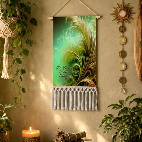 Inspirational,Fringed,Canvas,Wall,Hanging,,Art,Nouveau,Green,Feathery,Foliage,affirmation, Inspirational wall hangings, boho canvas wall hangings, bohemian tasseled artwork, metaphysical art