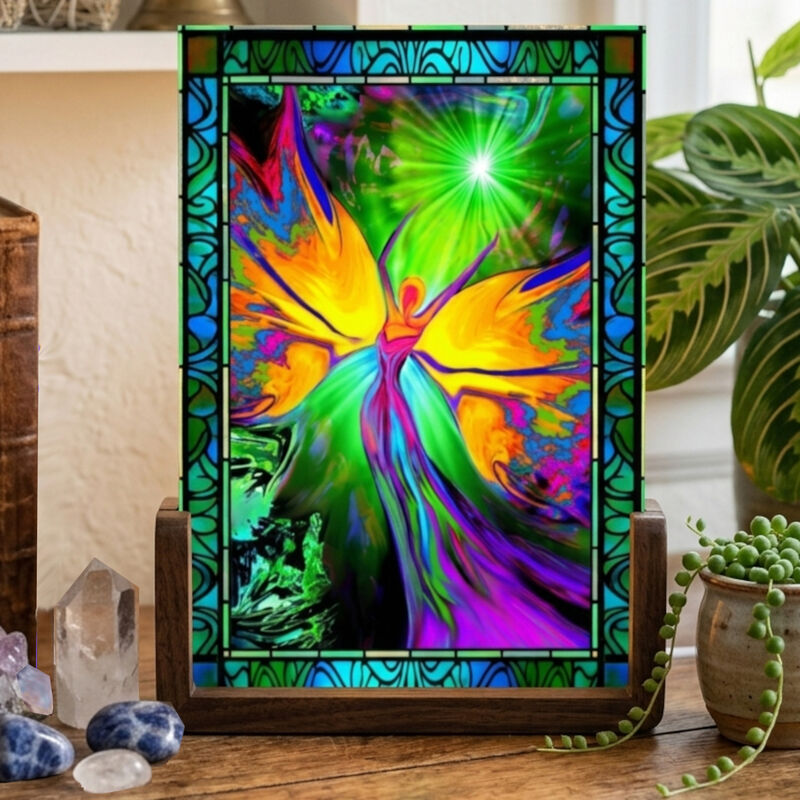 Glowing Mood Light, Celestial Rainbow Angel Art, Stained-Glass-Inspired Lamp - product images  of 