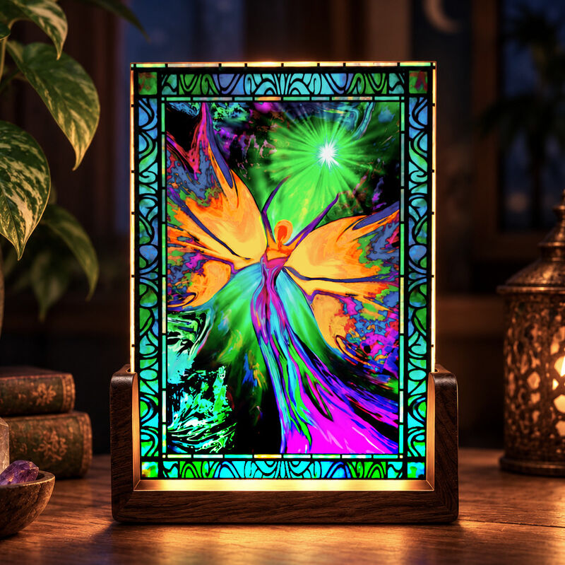 Glowing Mood Light, Celestial Rainbow Angel Art, Stained-Glass-Inspired Lamp - product images  of 