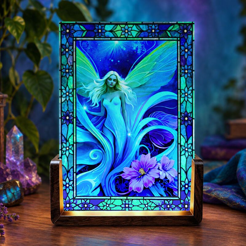 Illuminated Art Light, Blue Purple Angel Art, Stained-Glass-Inspired Lamp - product images  of 