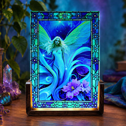 Illuminated,Art,Light,,Blue,Purple,Angel,Art,,Stained-Glass-Inspired,Lamp,Glowing mood light, stained glass inspired artwork, illuminated art light, mood lamp, celestial art, fairy lampPrimal Painter