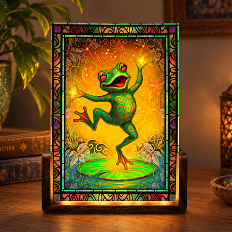 Whimsical,Dancing,Frog,Night,Light,,Stained-Glass-Inspired,Lamp,Glowing mood light, frog night light, stained glass inspired artwork, illuminated art light, mood lamp, celestial art, Primal Painter