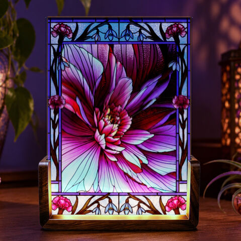 Abstract,Flower,Art,Light,,Magenta,Violet,Stained-Glass-Inspired,Desk,Lamp,Glowing mood light, birth flower carnation, January birth flower art light, stained glass inspired artwork, illuminated art light, mood lamp, celestial art, Primal Painter