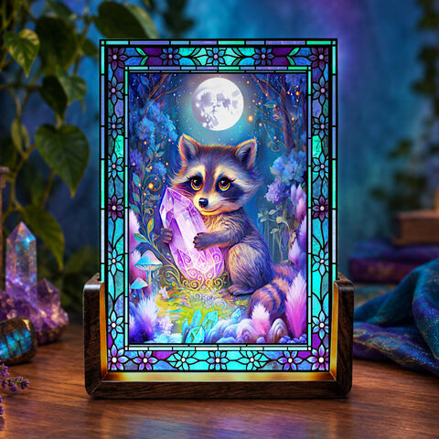 Whimsical,Raccoon,Night,Light,,Personalized,Stained-Glass-Inspired,Desk,Lamp,Glowing mood light, raccoon nightlight, whimsical art light, stained glass inspired artwork, illuminated art light, mood lamp, celestial art, Primal Painter