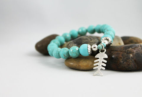 Unisex,Turquoise,Bead,Stretch,Bracelet,Jewelry,Beaded,mens_bracelet,bead_bracelet,mens_bead_bracelet,turquoise_bracelet,mens_turquoise,mens_jewelry,unisex_bracelet,turquoise_for_men,gift_idea,fish_charm_bracelet,fish_bone_charm,unisex_jewelry,stretch_bracelet,turquoise,silver plated b