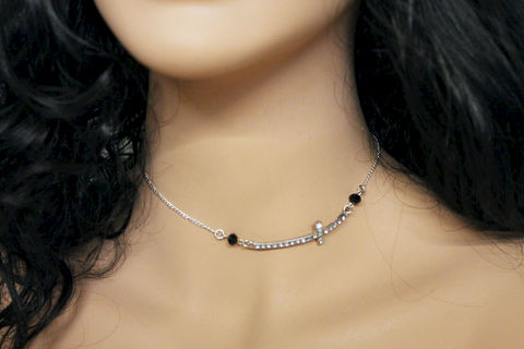 Silver,Dainty,Cross,Necklace,Jewelry,Choker,sideways_cross,choker_necklace,cross_necklace,cross_choker,dainty_necklace,dainty_choker,silver_choker,everyday_necklace,gift_for_her,cross_jewelry,religious,silver_dainty,rhinestone_cross,rhinestone cross,crystal beads,mixed metal