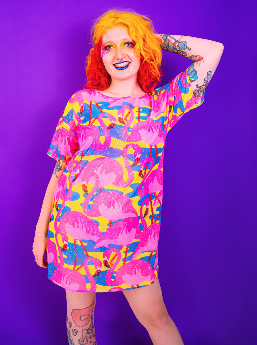 Flamingo Fiesta Mesh Sparkle T-Shirt Dress - UV Reactive - product image