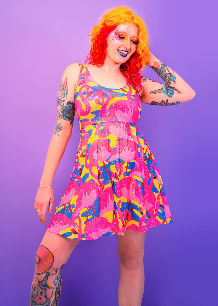 Flamingo Fiesta Mesh Sparkle Skater Dress - UV Reactive - product images  of 