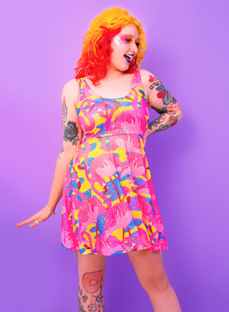 Flamingo Fiesta Mesh Sparkle Skater Dress - UV Reactive - product images  of 