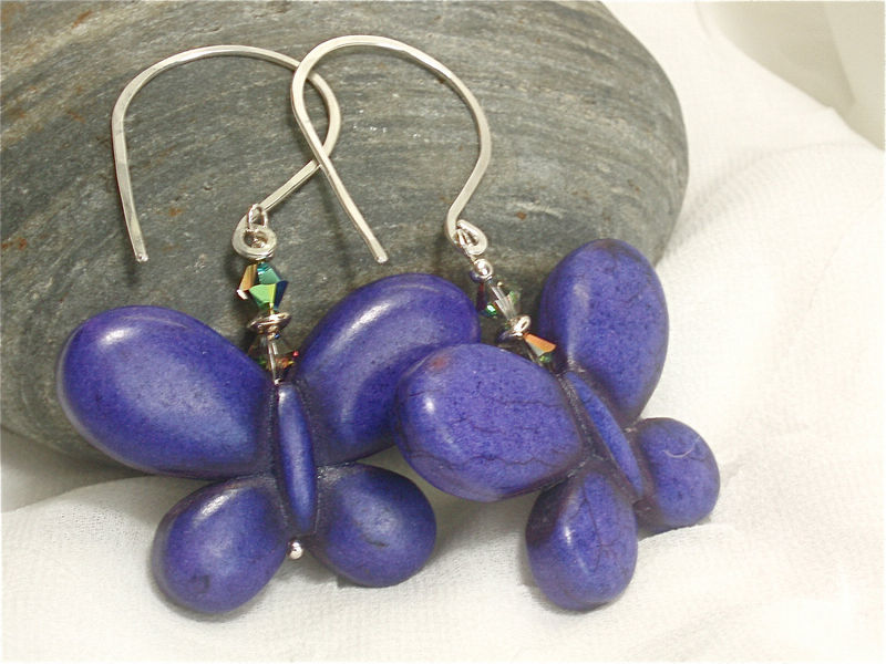 Turquoise Gemstone Butterfly Earrings, Sterling Silver artisan ear wires - product images  of 