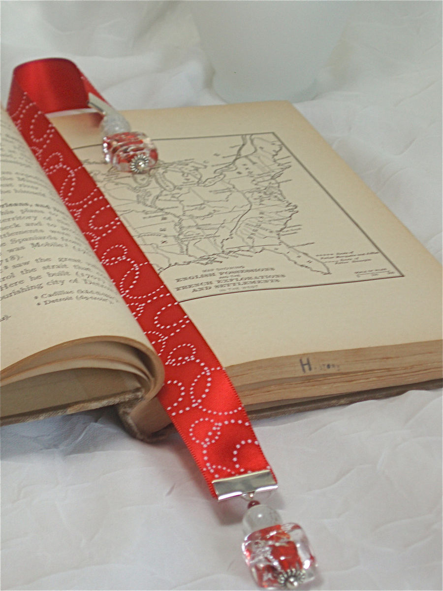 Satin Ribbon Bookmark, red and white, artisan glass beads Everything