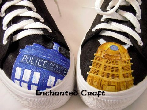 hand,painted,Doctor,Who,shoes-,with,Tardis,&,Dalek,one,of,a,kind,canvas,paint,metallic paint,shoe,geek,science fiction,cosplay,dr who,tardis,time machine,doctor who,blue,shoes,dalek,exterminate,companion,size 9,black,gold