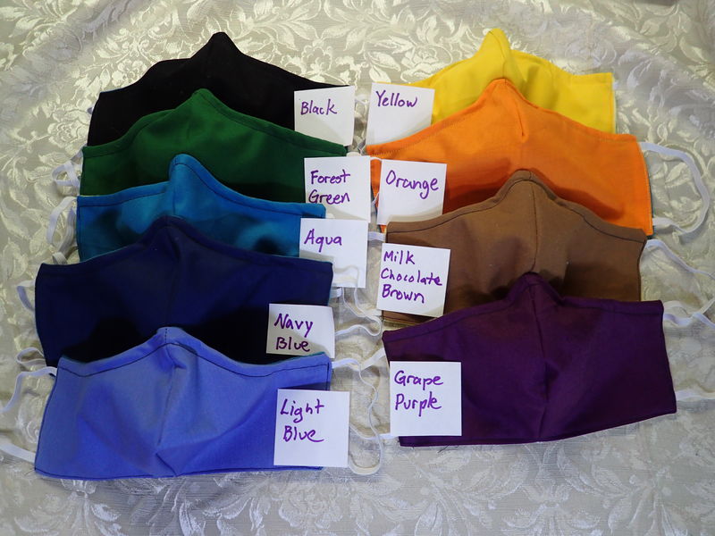 2 colored washable facemask for school or team 100% cotton & flannel wire at nose handmade blue aqua black orange green yellow purple red - product image  