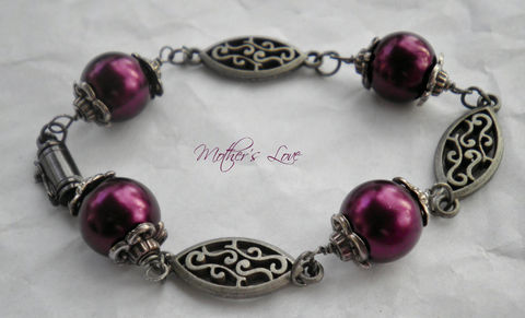 Deep,Purple,Pearl,and,Gothic,Gray,Bracelet,Jewelry,Glass,gothic,bracelet,industrial_metal,reaissance,handmade_bracelet,motherslove,eggplant,gothic_gray,filigree,barrel_clasp,dark_purple,wrist_adornment,glass_pearls