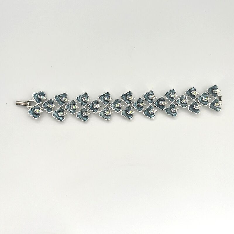 Vintage 60s B.S.K. Silver & Blue Bracelet Flowers AB Rhinestones - product image  