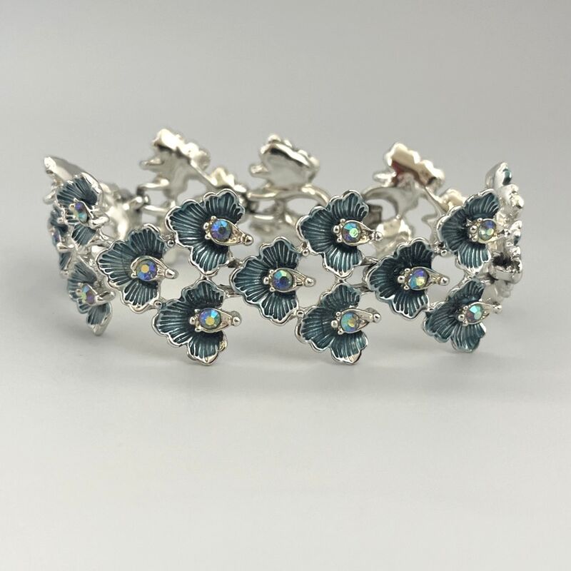 Vintage 60s B.S.K. Silver & Blue Bracelet Flowers AB Rhinestones - product image  