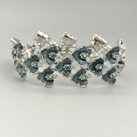 Vintage,60s,B.S.K.,Silver,&,Blue,Bracelet,Flowers,AB,Rhinestones,1960s, vintage, enamel, bracelet, aurora borealis, rhinestones, flowers, blue, silver, gift, Pretty Sweet Vintage