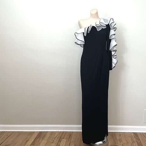 80s,Vintage,One-Shoulder,Ruffled,JILL,RICHARDS,Evening,Dress,34b/28w,1980s, vintage, one shoulder, ruffled, jill richards, irene sargent, evening gown, dress, party, ruffle, black, prettysweetvintage, designer