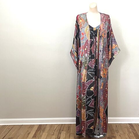 80s,Vintage,MARY,McFADDEN,Tribal,Design,Gown,and,Robe,vintage, 1980s, mary mcfadden, collection I, collection, peignoir set, robe, gown, silky, sheer, batik, kimono, lingerie, prettysweetvintage