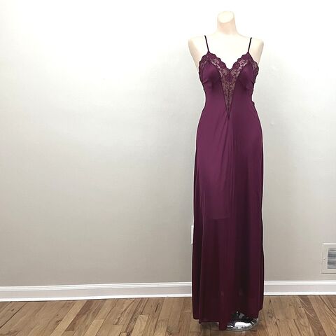 80s,Vintage,LADY,CAMEO,Burgundy,Long,Nightgown,Small,1980s, vintage, lingerie, nightgown, Lady Cameo, Olga, Bodysilk, burgundy, long, lacey, scoop back, Pretty Sweet Vintage