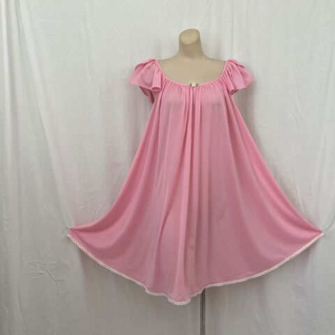80s,90s,MISS,ELAINE,Bubblegum,Pink,Nightgown,USA,Made,Large,1980s, 1990s, Miss Elaine, nightgown, antron nylon, bubblegum, pink, usa made, flutter sleeves, petal sleeves, full, silky, Pretty Sweet Vintage