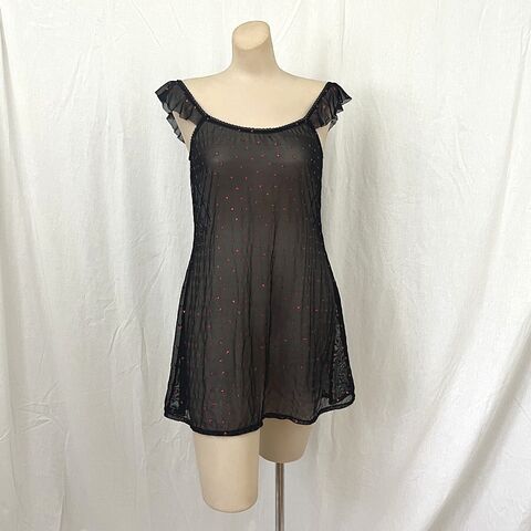 HANKY,PANKY,Hearts,Chemise,S/M,lingerie, chemise, nightgown, Hanky Panky, stretchy, sheer, mesh, black, red, hearts, flutter sleeves, US made, Pretty Sweet Vintage